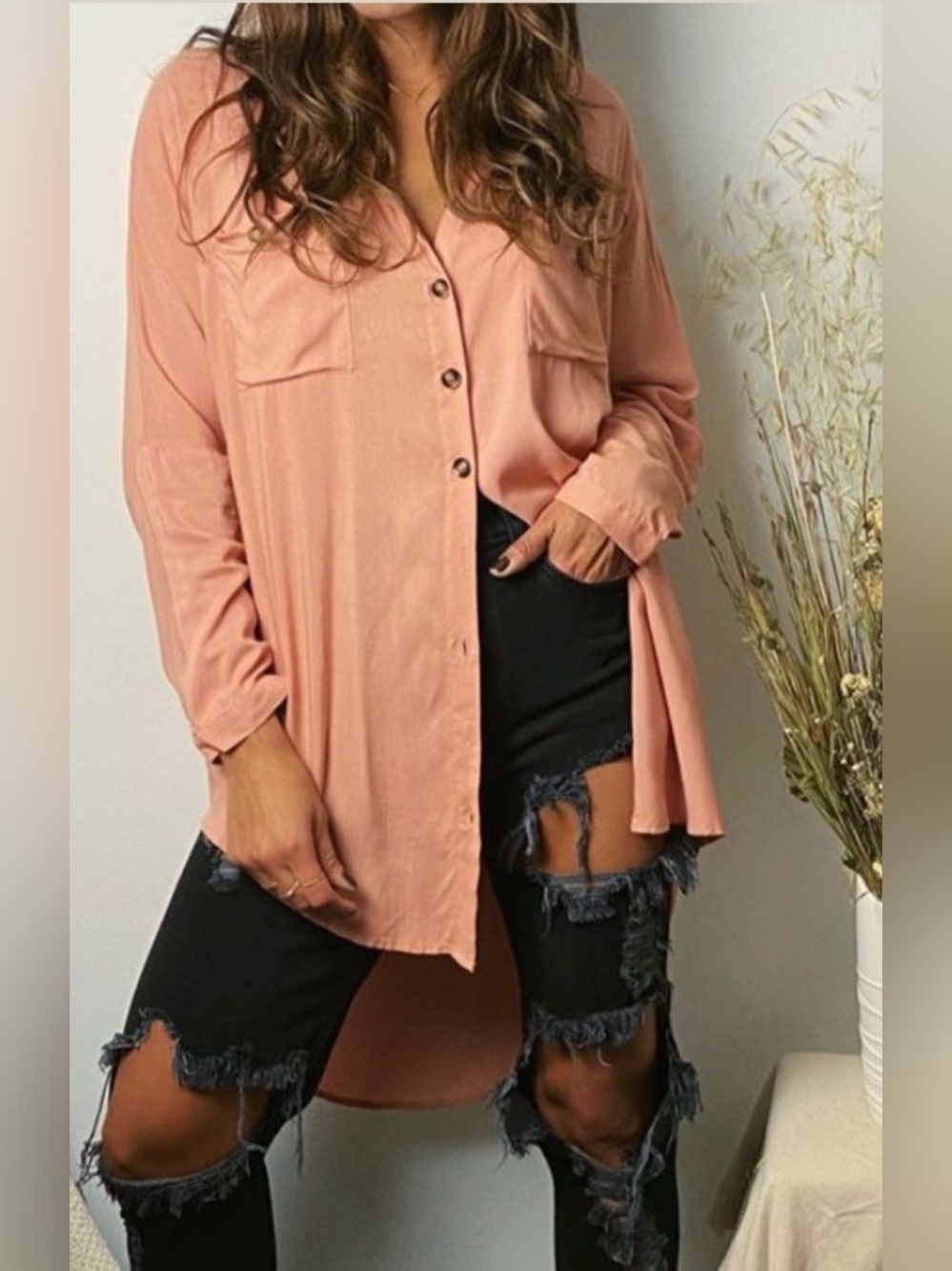 Casual Peach Button-Front Longline Shirt
